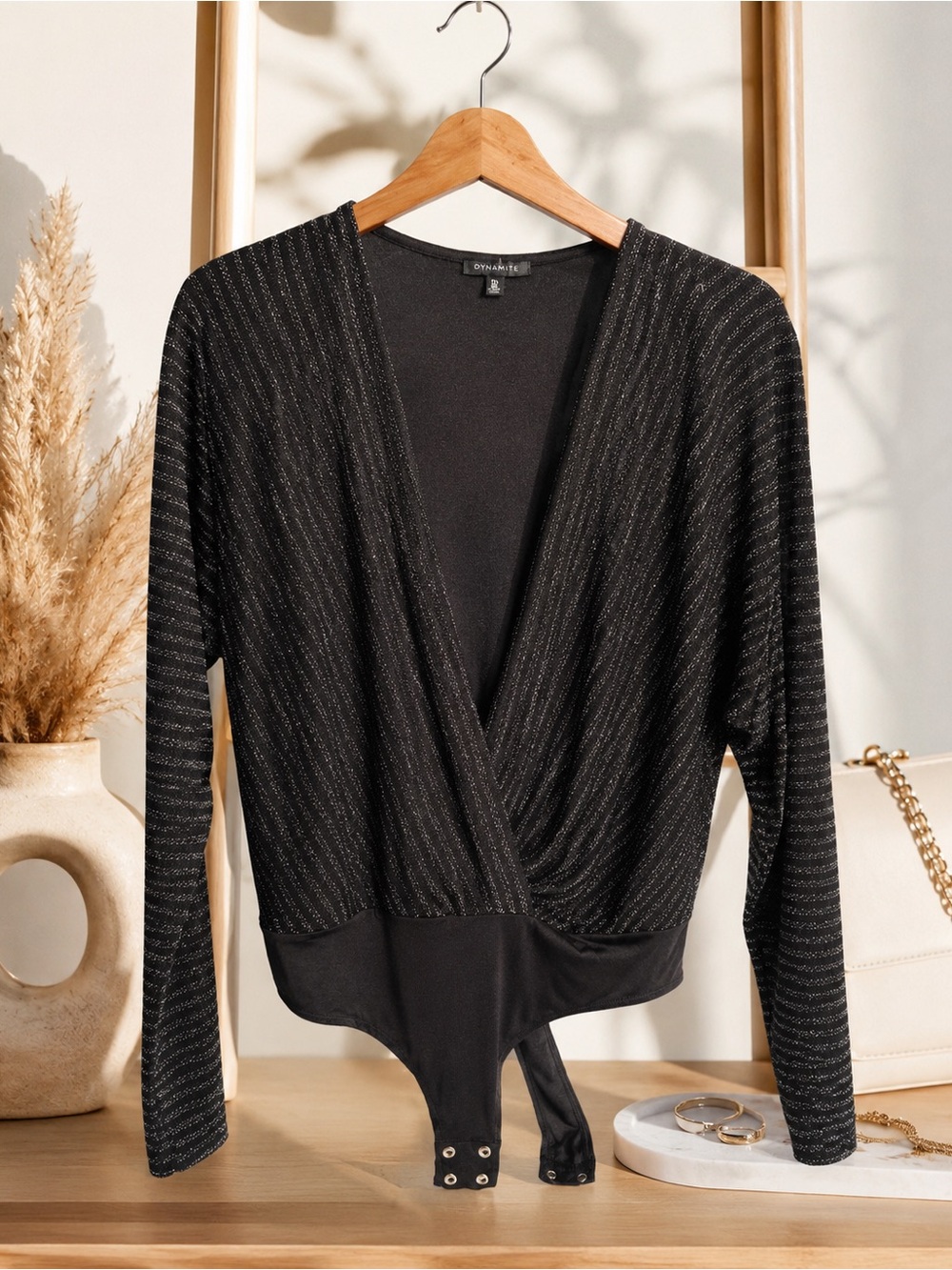Title: Dynamite Black Shimmer Surplice Bodysuit | Long Sleeve | Size Large